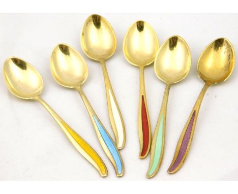 A set of six Danish white metal gilt and enamel coffee spoons, stamped ABSA Denmark, 1½oz