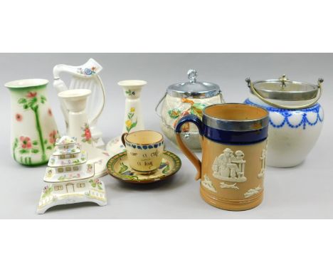 Miscellaneous ceramics, to include a stoneware jug with silver plated mount (AF), two biscuit barrels, Spode candlesticks, Co