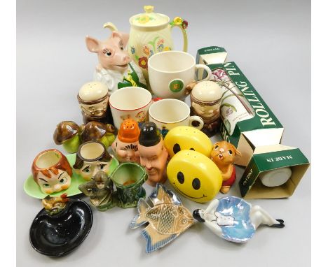 Miscellaneous ceramics, to include a Laurel and Hardy part cruet, Portmeirion rolling pin, boxed Pendelfin figure etc.