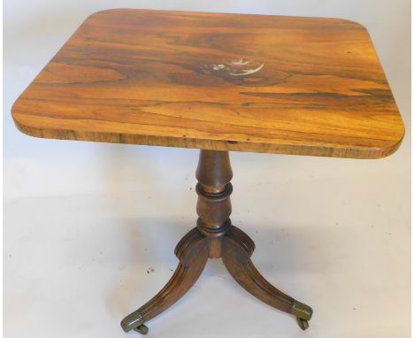 A mid 19thC rosewood and mahogany occasional table, the rectangular rosewood top on a turned column and tripod base with leaf