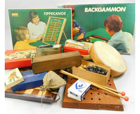 Games puzzles etc., an Edwardian hanging Hoop La number set, tambourine playing cards, other board games, Backgammon, Biro Ti