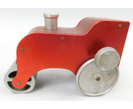 A weight driven tin plate traction engine, painted in red and silver, 19cm long