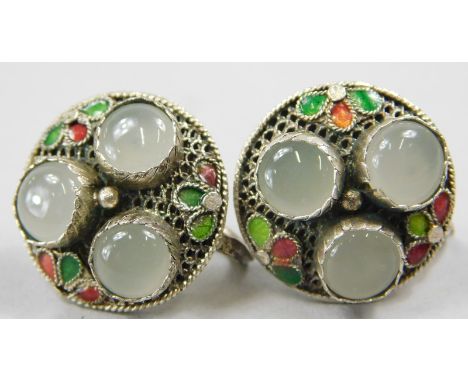 A pair of Chinese screw back earrings, set with moonstone type beads, and enamel decoration, silver plated, marked China. 