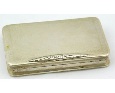 A Danish white metal snuff box, with engine turned decoration and foliate centre piece, indistinctly stamped 800, 6½oz, 8cm w
