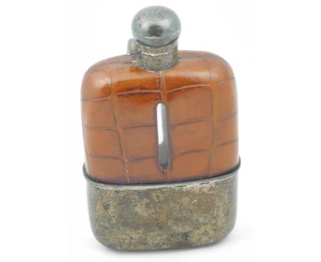 A George V silver and simulated crocodile skin leather hip flask, with silver mounts by Walker & Hall, Sheffield 1925, 17cm H