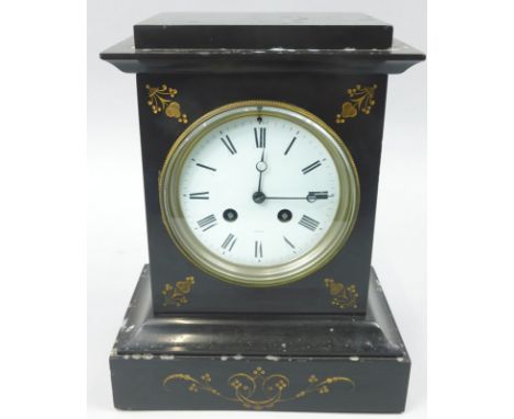 A late 19thC French black slate and parcel gilt mantel clock, the enamel dial indistinctly signed Paris, 28cm high