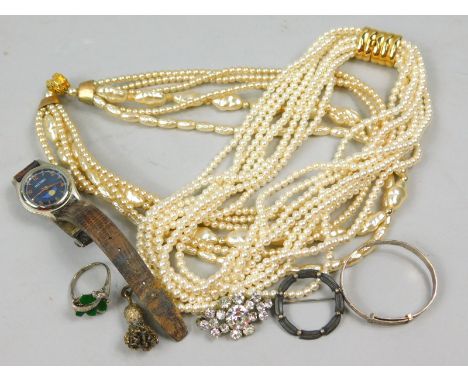 A quantity of costume jewellery, to include a child's silver bangle, a Past Times wristwatch, a faux pearl necklace, silver d