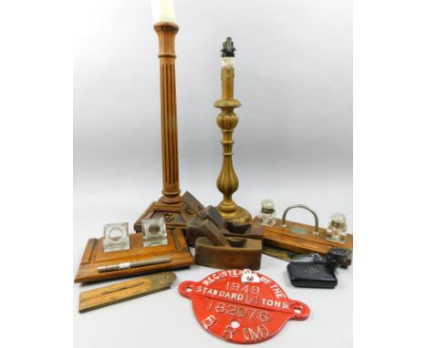 A collection of bygone items, to include candlestick, wooden plane, ebonised paper knife, two ink stands with oak bases, Brit