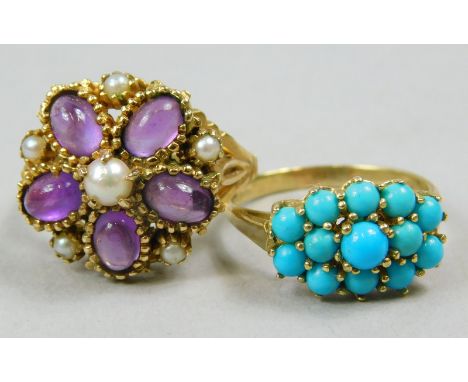 Two 9ct gold dress rings, to include a 9ct gold dress ring set with cabochon purple stones, and seed pearls, and a 9ct gold t