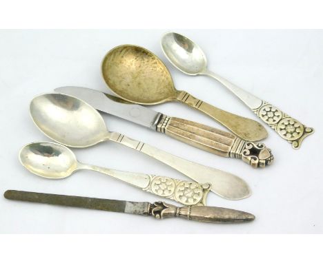Various Danish sterling and white metal cutlery, to include by Georg Jensen, Christian F Heise etc., to include a butter knif