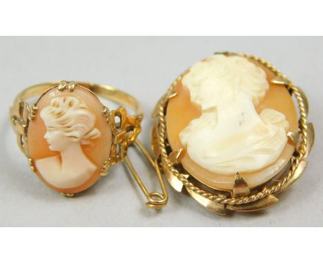 Two items of cameo jewellery, to include a 9ct gold framed shell cameo brooch, and a 9ct gold shell cameo dress ring, 7.7g al