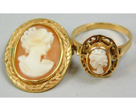 Two pieces of cameo jewellery, to include a 9ct gold dress ring, set with central cameo, and a cameo brooch, in rolled gold f