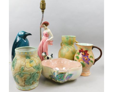 Miscellaneous ceramics, to include an Art Deco style lamp base, mounted with a porcelain figure of a lady with a terrier, a P