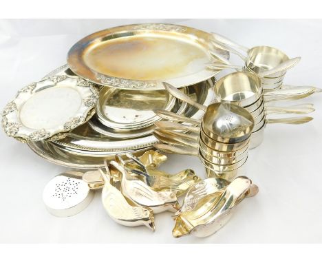 A collection of Danish and other silver plate, to include small ladles or pans with side handles, squeezers shaped in the for