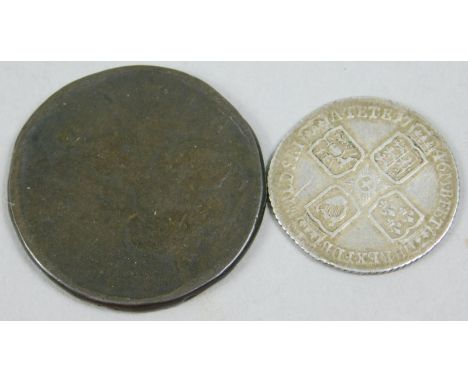 A George II 1746 sixpence, with Lima and a 1754 half penny (2)
