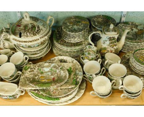 A comprehensive early 20thC Myott The Hunter part dinner service, to include a coffee pot, 29cm high, tureen, gravy boat, ser