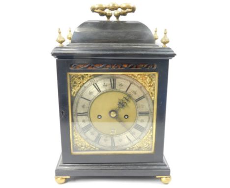 John Long, London.  An ebonised bracket clock, with gilt metal handle, finials etc., the square rectangular dial with silvere