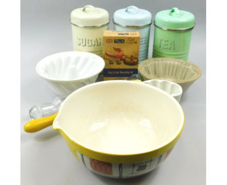 Miscellaneous kitchenalia, to include three enamel jars and covers, a Price Bros. bowl and matching rolling pin, jelly moulds
