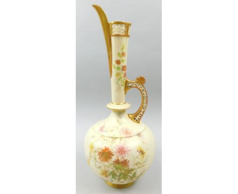 A Royal Worcester porcelain ewer, decorated with flowers with a pierced handle on a blush ivory ground, impressed and printed