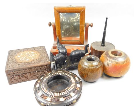 A miniature Victorian mahogany swing frame dressing table mirror, porcupine quill circular ashtray, bone inlaid boxes, lignum