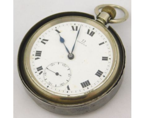 An Omega gentleman's open faced pocket watch, keyless wind, circular enamel dial bearing Roman numerals, subsidiary seconds d