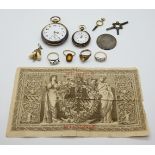 2 Damenringe je GG 14ct. z.T. mit Diamanten, 2 Damenringe je GG 8ct. z.T. mit Perlen, 2 Taschenuhren