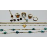1 Konvolut Schmuck wohl vollständig GG 14ct. z.T. mit Edelsteinen wie z.B. türkise Granate, 1 kleine