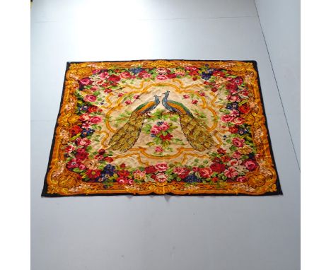 A machine made tapestry, with peacock and floral design. 181x132cm. 