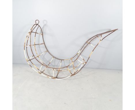 A wrought iron leaf chair or hanging planter. Overall 167x107x72cm.