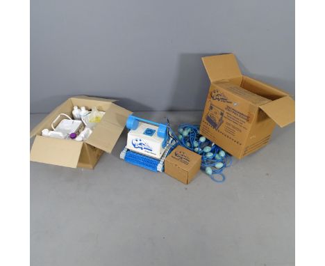A Maytronics Dolphin robot pool cleaner, serial number 159263, with pool cleaning chemicals and accessories. 