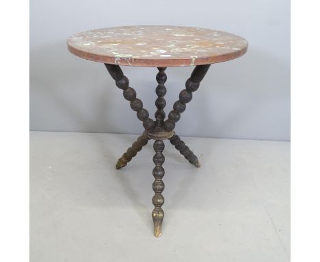 An antique copper topped and black painted gypsy table with bobbin turned legs. 56x63cm.Copper top likely later and has many 