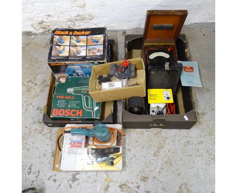 Two Avometers, Black & Decker saw, Bosche heat gun, belt sander, jigsaw etc. 