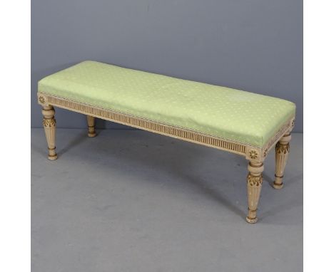 A continental style painted and upholstered stool / bench. 124x48x42cm. 