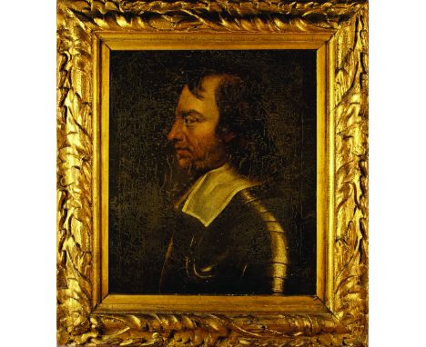 A Oil on Canvas: Head & Shoulders Profile Portrait of Oliver Cromwell in armour, 21 ins x 17 ins (54 cm x 44 cms) in a carved