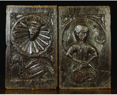 A Pair of Rare 16th Century English Carved Oak Panels; One panel carved with a portrait head reputedly of  William Strickland