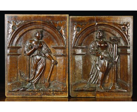 A Pair of Fine 17th Century Arcaded Oak Panels carved with female figures: one holding a column, the other a spade and anchor