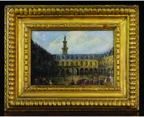 A Small Oil on Board depicting The Old Royal Exchange, London with paper label to verso inscribed; 'The Old Royal Exchange Bu