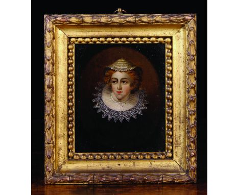 English School, Circa 1800. Oil on Copper: Portrait of Mary Queen of Scots wearing a lace cap and ruff collar painted in a fe