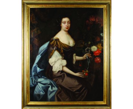 Attributed to Simon Verelst (1644-1710).  Oil on Canvas: Portrait of an Aristocratic Lady wearing a bejewelled mauve dress wi