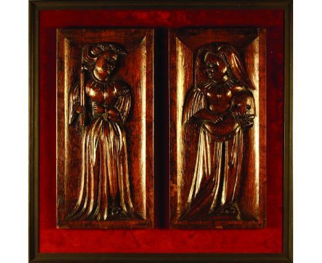 A Pair of Late 16th/Early 17th Century Oak Panels relief carved with full length female figures; one holding a candle, the ot