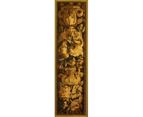 A Set of Three Late 17th/Early 18th Century Tapestry Border Fragments woven with urns of scrolling foliage, mounted in green 