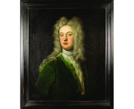 Circle of Charles Jervas (1675-1739): Oil on Canvas: Portrait of a Be-wigged Aristocratic Gent wearing lace jabot and green t