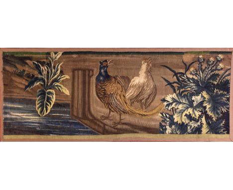 A Late 17th/Early 18th Century Tapestry Fragment depicting a pair of pheasants flanked by a plant and flowering thistle, 27½ 