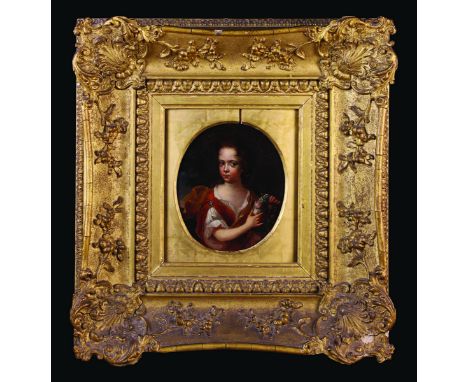 A Charming Late 17th Century Oval Oil on Copper: Half length portrait of a girl holding a garland of flowers 7½ ins x 6½ ins 