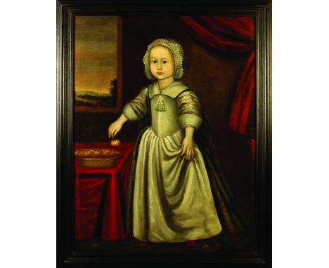 English Provincial School, Circa 1700: Portrait of Mary Marriott holding a flower wearing a Puritan dress stood aside a table