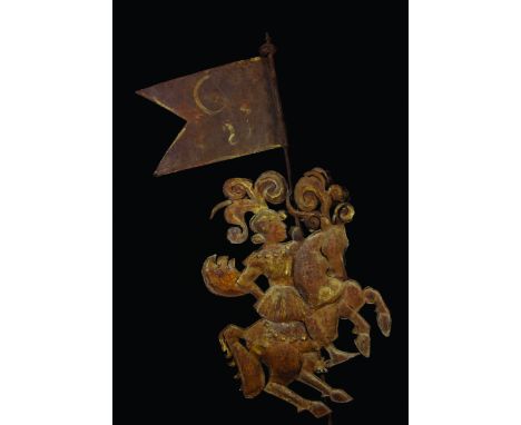 A 19th Century Sheet Metal Weather Vane in the form of a knight astride his horse brandishing a flag; their three dimensional