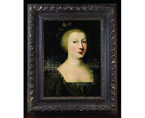 Circle of Frans Pourbus (1569-1622). Portrait of an aristocratic young lady wearing a bejewelled costume with fine lace colla