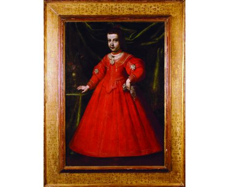 Spanish School. A 17th Century Oil on Canvas: Full Length Portrait of a Young Girl wearing a  red dress, 43 ins x 29 ins (109