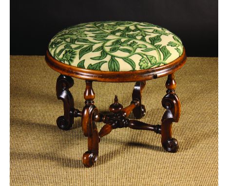 A Good William & Mary Style Walnut Stool.  The generously sized circular padded 'drop-in' seat covered in crewel-work in a mo