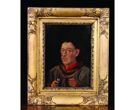 An Oil on Copper after Van Eeck: Head & Shoulders Portrait of a man holding a floral sprig, 6¼ ins x 4¾ ins (16 cm x 12 cms),